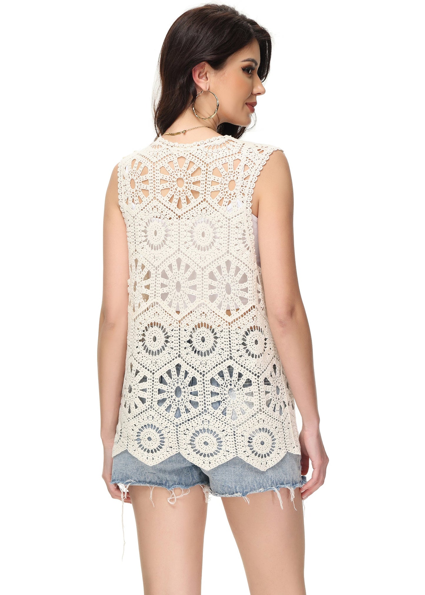 Anna-Kaci Womens Floral Crochet Cardigan Lace Trim Sleeveless Open Front Vest