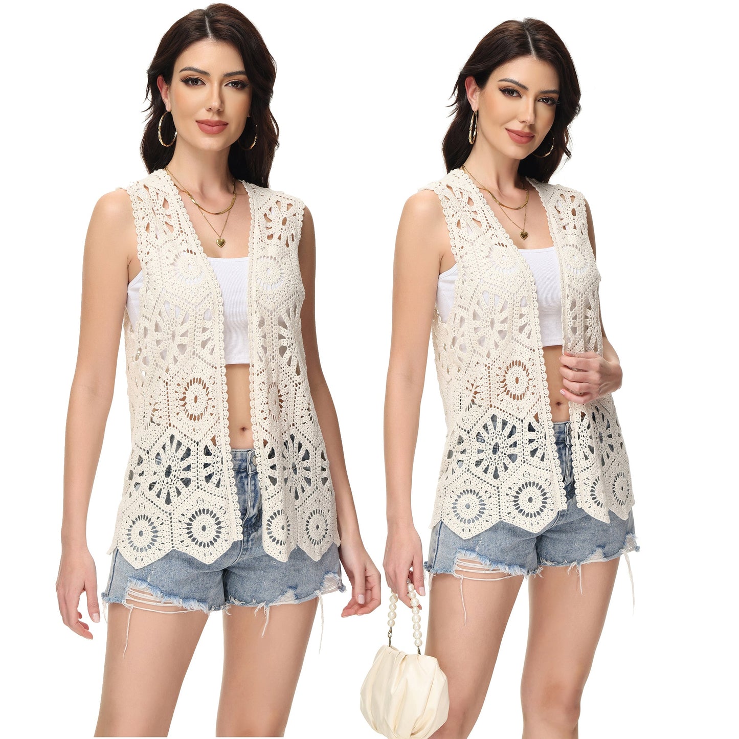 Anna-Kaci Womens Floral Crochet Cardigan Lace Trim Sleeveless Open Front Vest