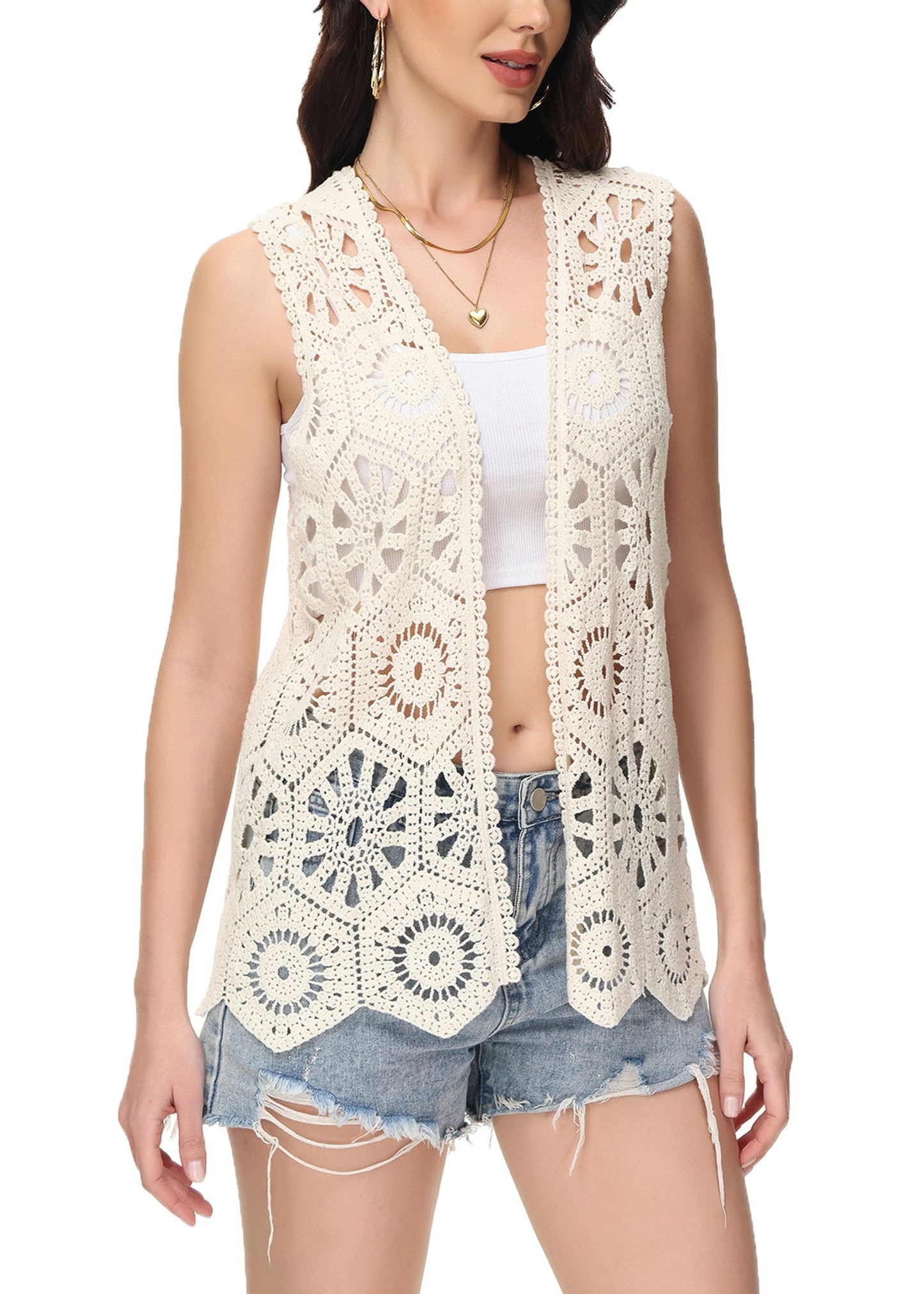 Anna-Kaci Womens Floral Crochet Cardigan Lace Trim Sleeveless Open Front Vest