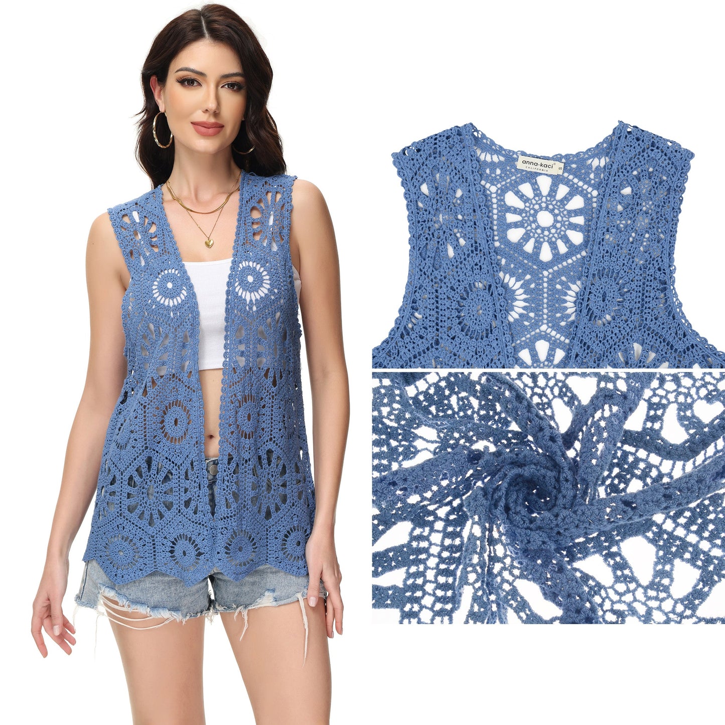 Anna-Kaci Womens Floral Crochet Cardigan Lace Trim Sleeveless Open Front Vest