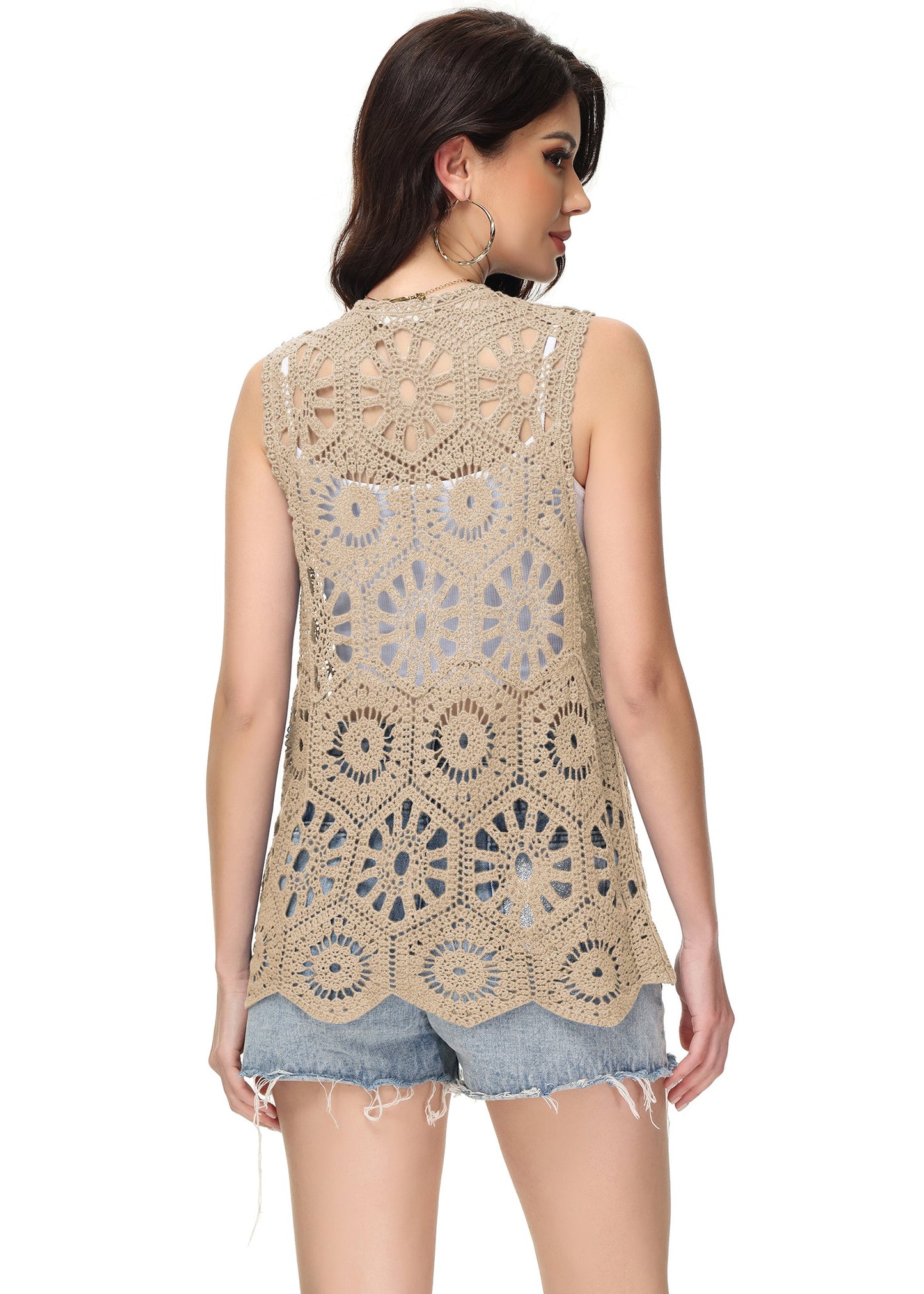 Anna-Kaci Womens Floral Crochet Cardigan Lace Trim Sleeveless Open Front Vest