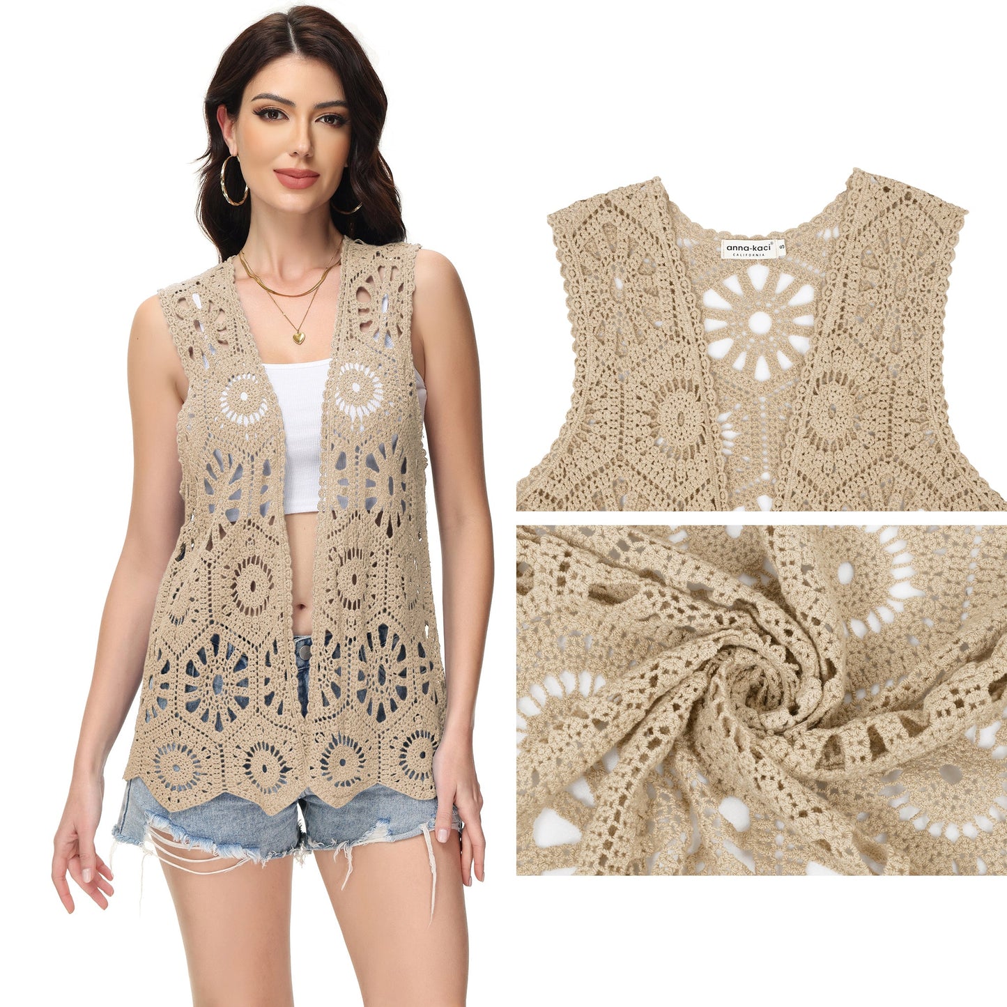 Anna-Kaci Womens Floral Crochet Cardigan Lace Trim Sleeveless Open Front Vest