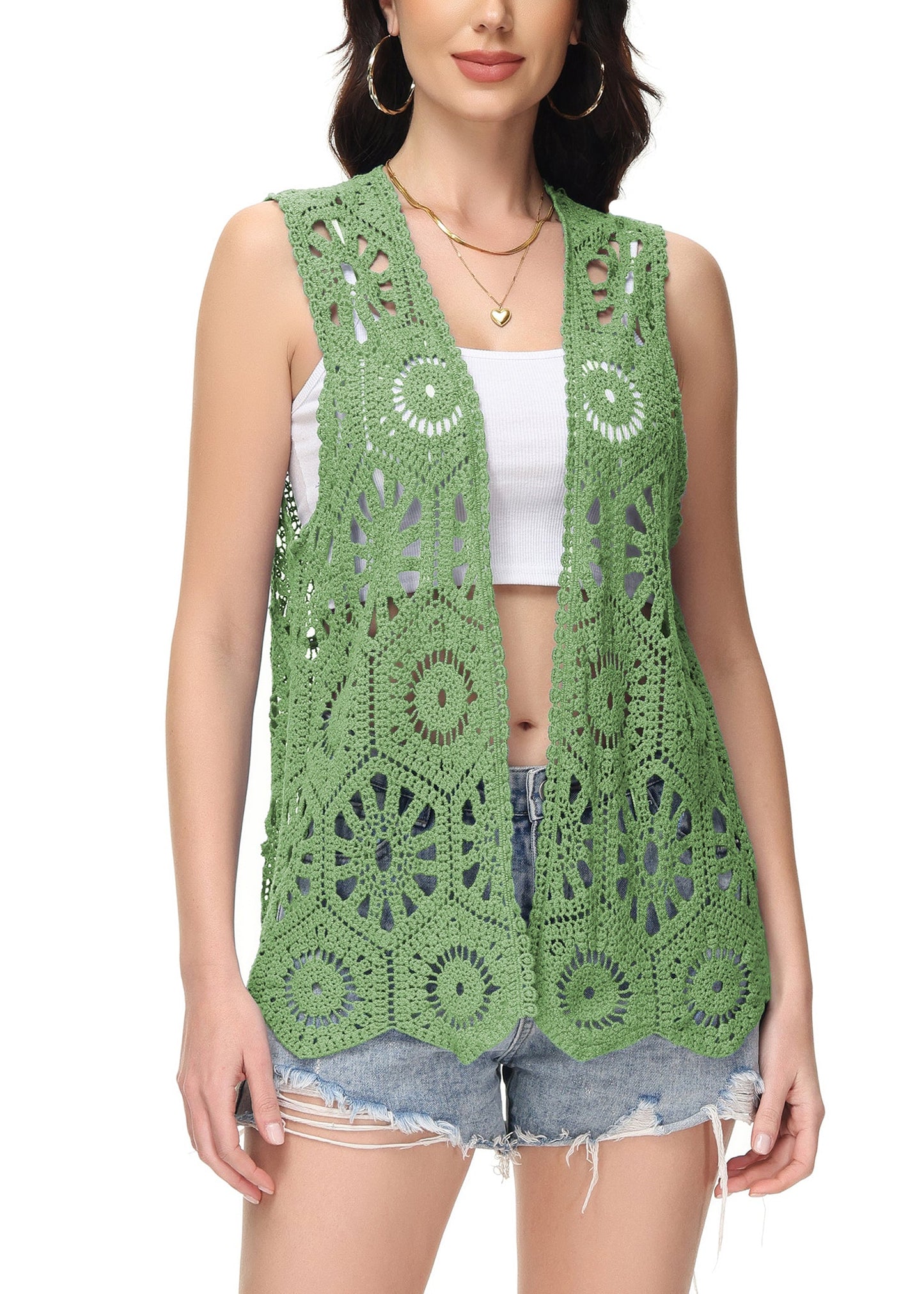 Anna-Kaci Womens Floral Crochet Cardigan Lace Trim Sleeveless Open Front Vest