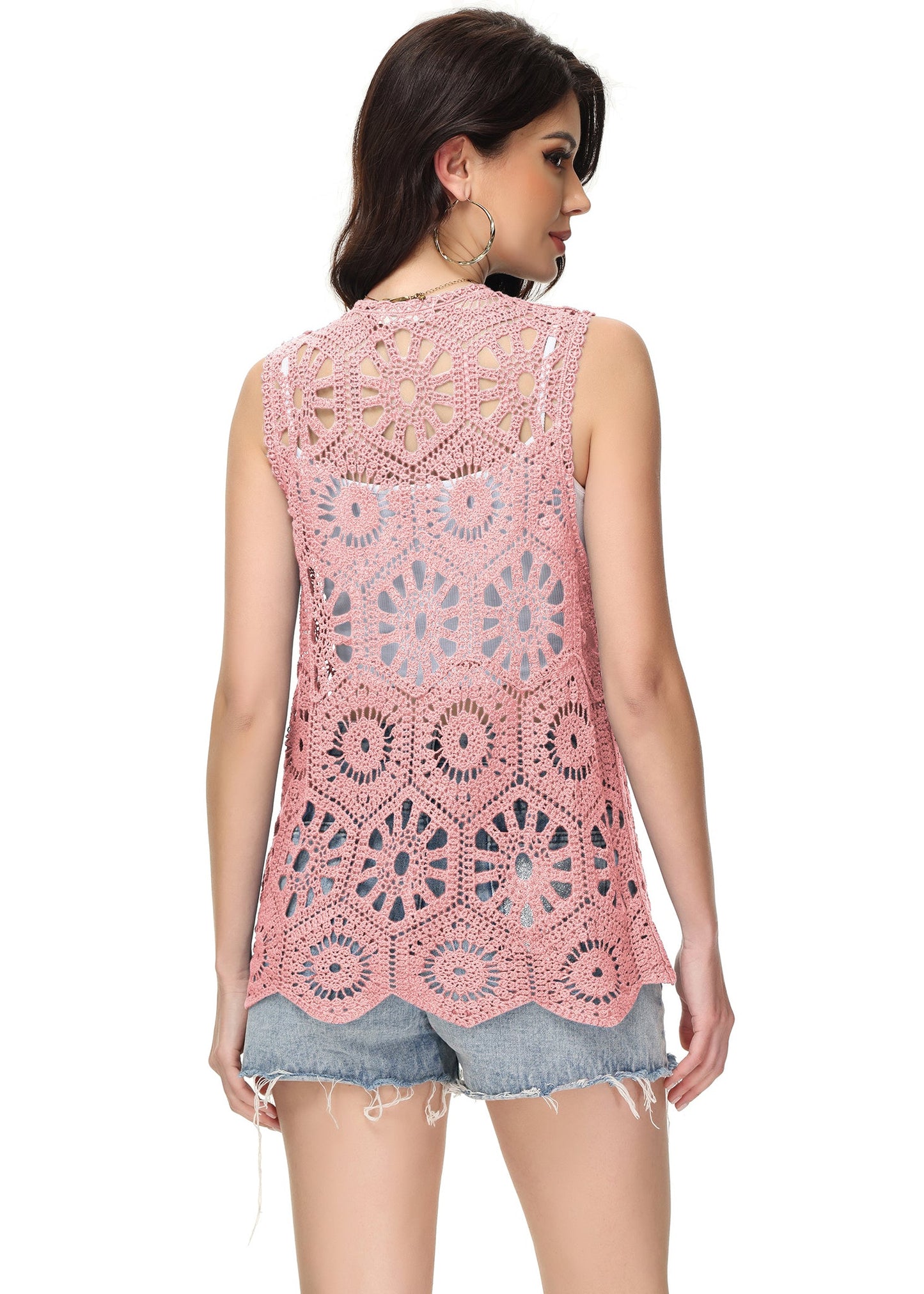 Anna-Kaci Womens Floral Crochet Cardigan Lace Trim Sleeveless Open Front Vest