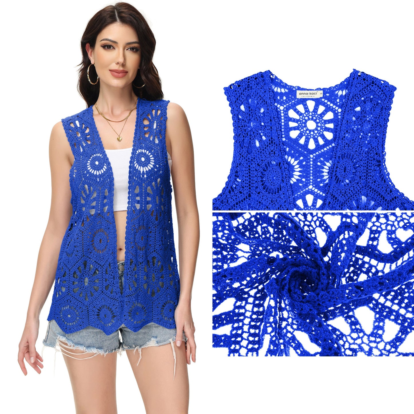 Anna-Kaci Womens Floral Crochet Cardigan Lace Trim Sleeveless Open Front Vest