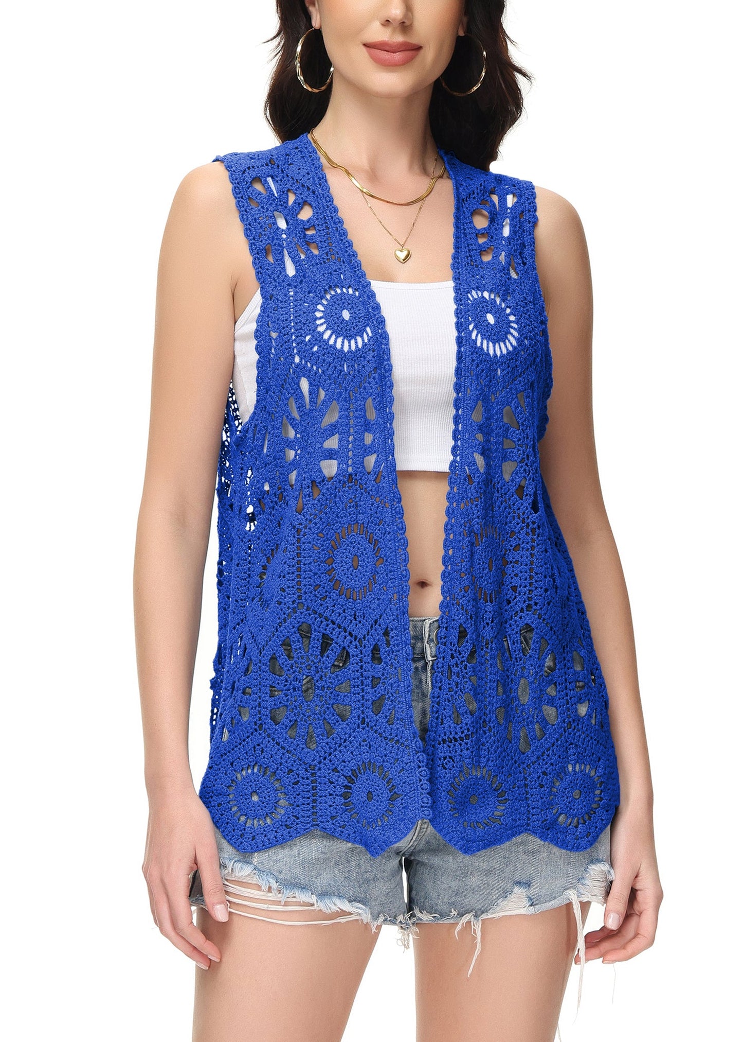 Anna-Kaci Womens Floral Crochet Cardigan Lace Trim Sleeveless Open Front Vest