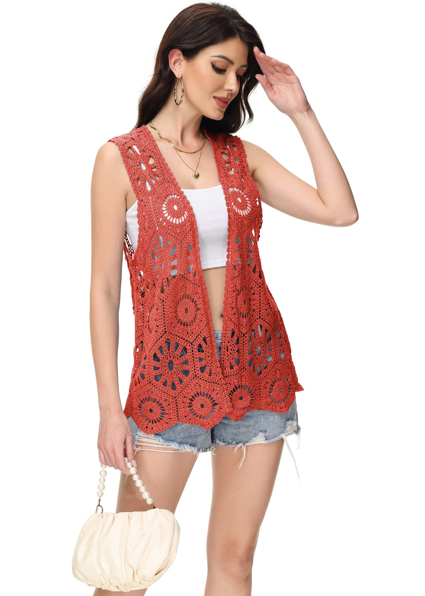 Anna-Kaci Womens Floral Crochet Cardigan Lace Trim Sleeveless Open Front Vest