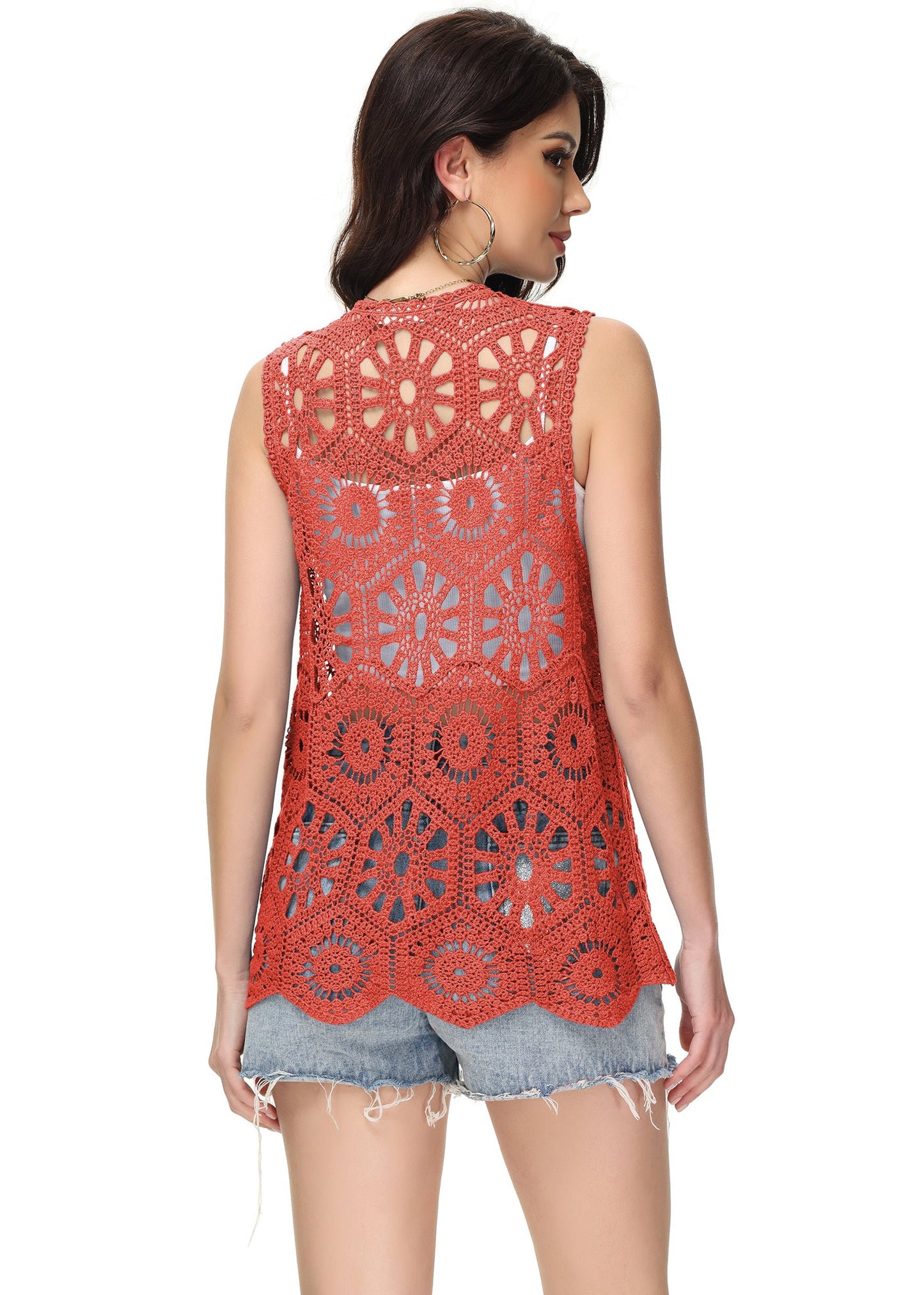 Anna-Kaci Womens Floral Crochet Cardigan Lace Trim Sleeveless Open Front Vest