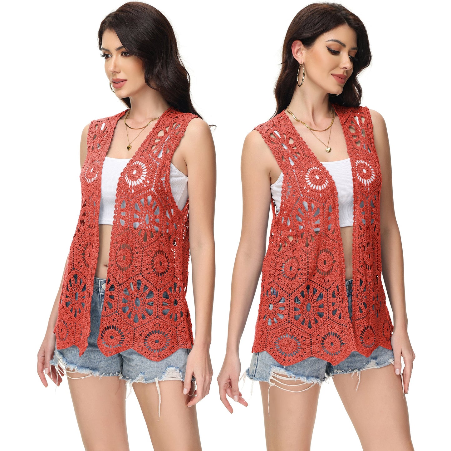 Anna-Kaci Womens Floral Crochet Cardigan Lace Trim Sleeveless Open Front Vest