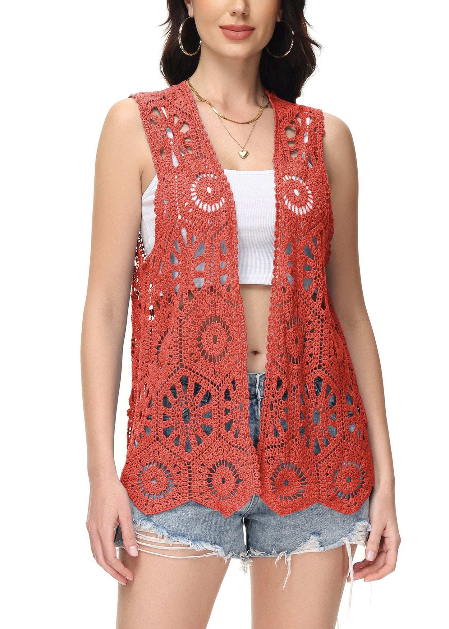 Anna-Kaci Womens Floral Crochet Cardigan Lace Trim Sleeveless Open Front Vest