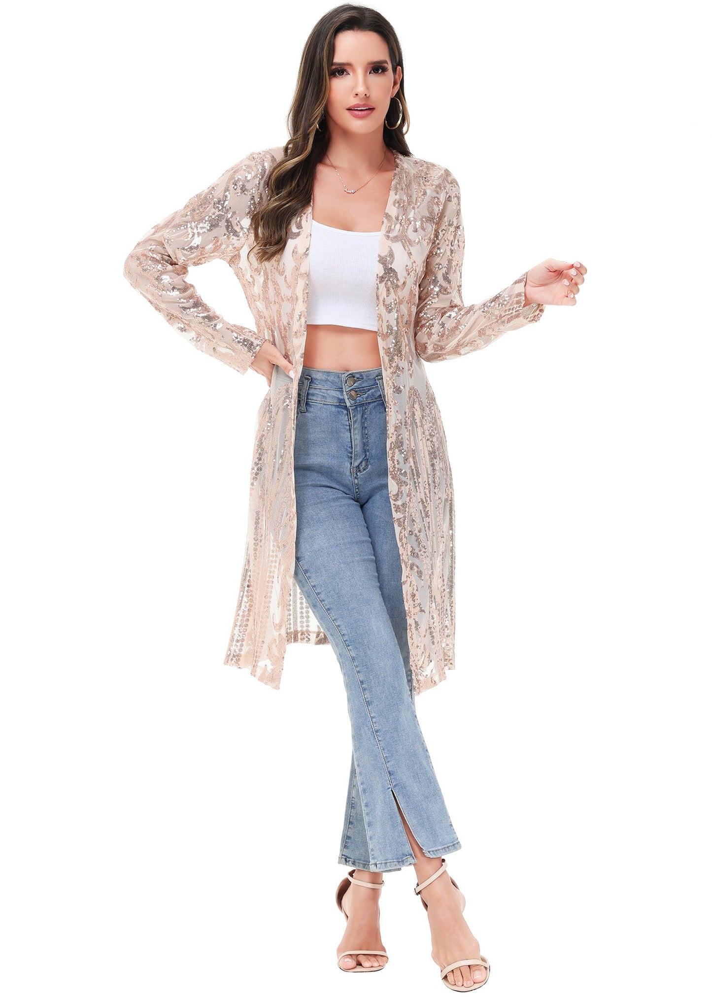 Anna-Kaci Women's Sparkly Sequin Cardigan Long Sleeve Open Front Glitter Kimono