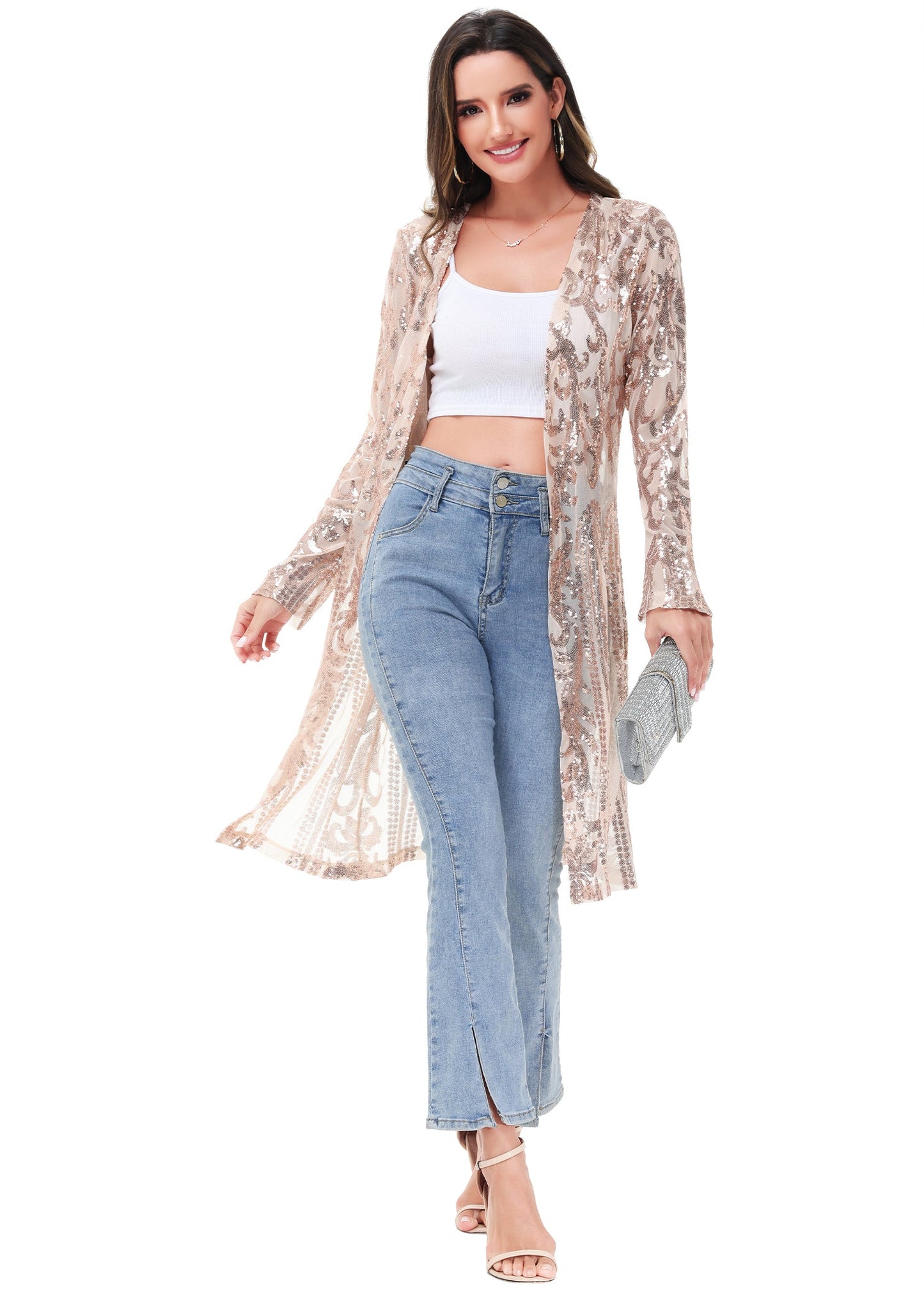 Anna-Kaci Women's Sparkly Sequin Cardigan Long Sleeve Open Front Glitter Kimono