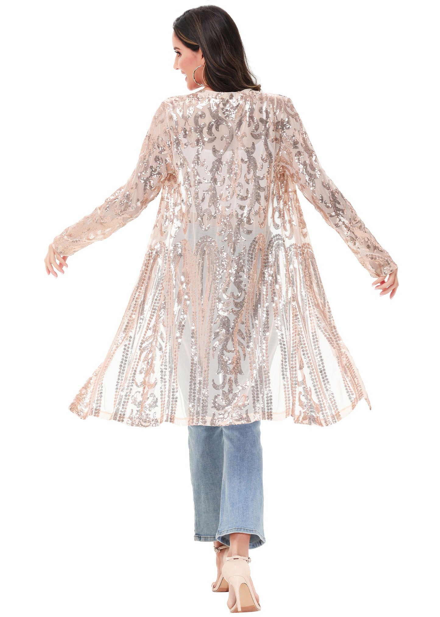 Anna-Kaci Women's Sparkly Sequin Cardigan Long Sleeve Open Front Glitter Kimono