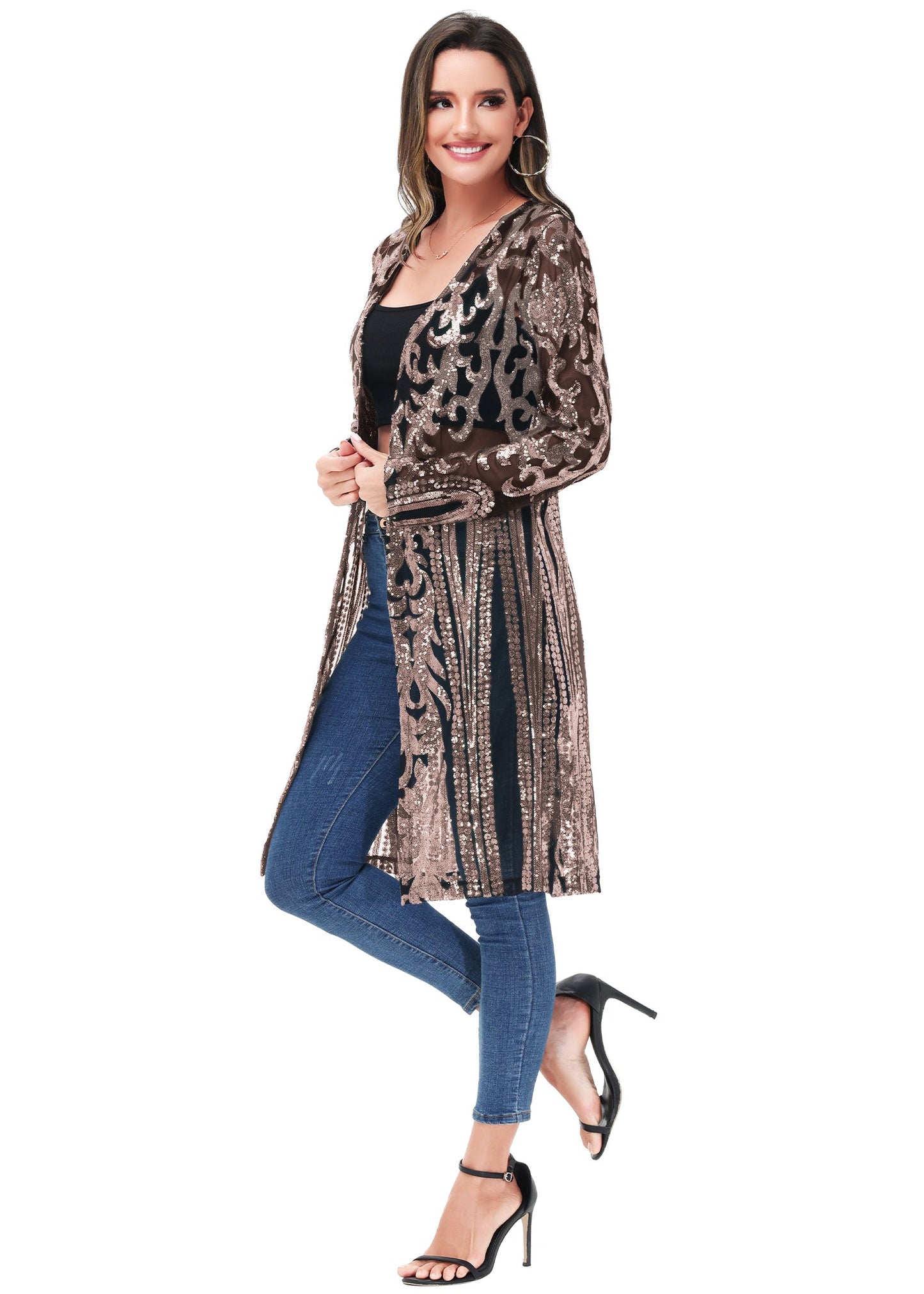 Anna-Kaci Women's Sparkly Sequin Cardigan Long Sleeve Open Front Glitter Kimono