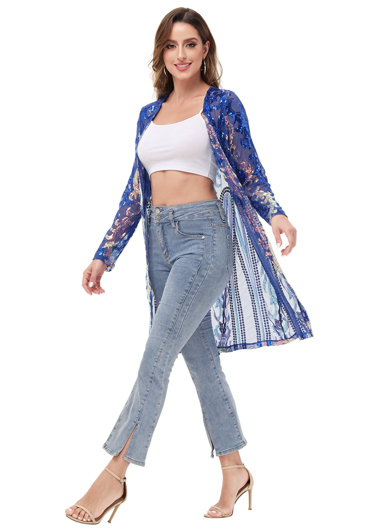 Anna-Kaci Women's Sparkly Sequin Cardigan Long Sleeve Open Front Glitter Kimono