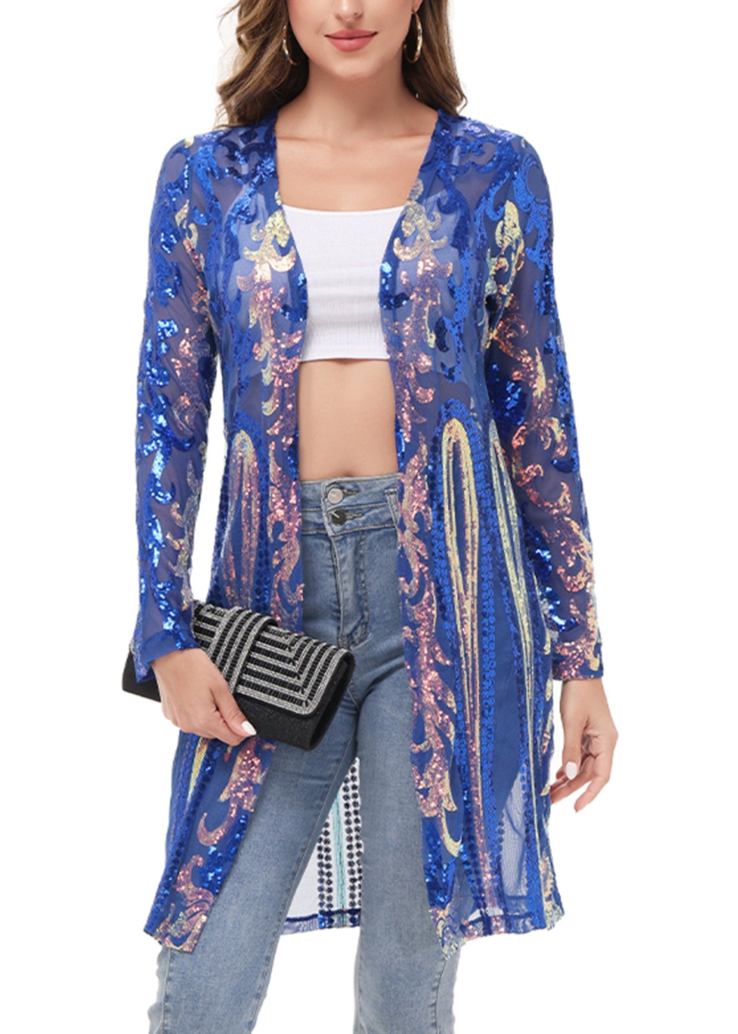 Anna-Kaci Women's Sparkly Sequin Cardigan Long Sleeve Open Front Glitter Kimono