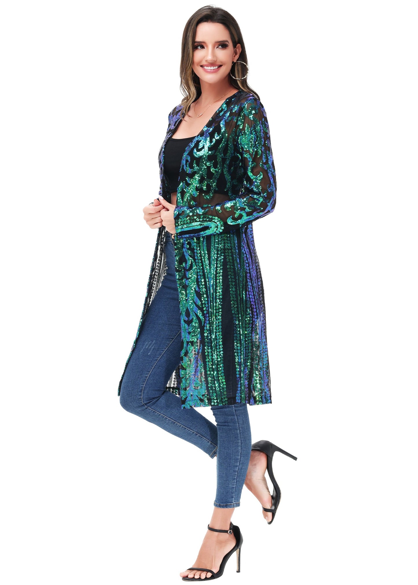 Anna-Kaci Women's Sparkly Sequin Cardigan Long Sleeve Open Front Glitter Kimono