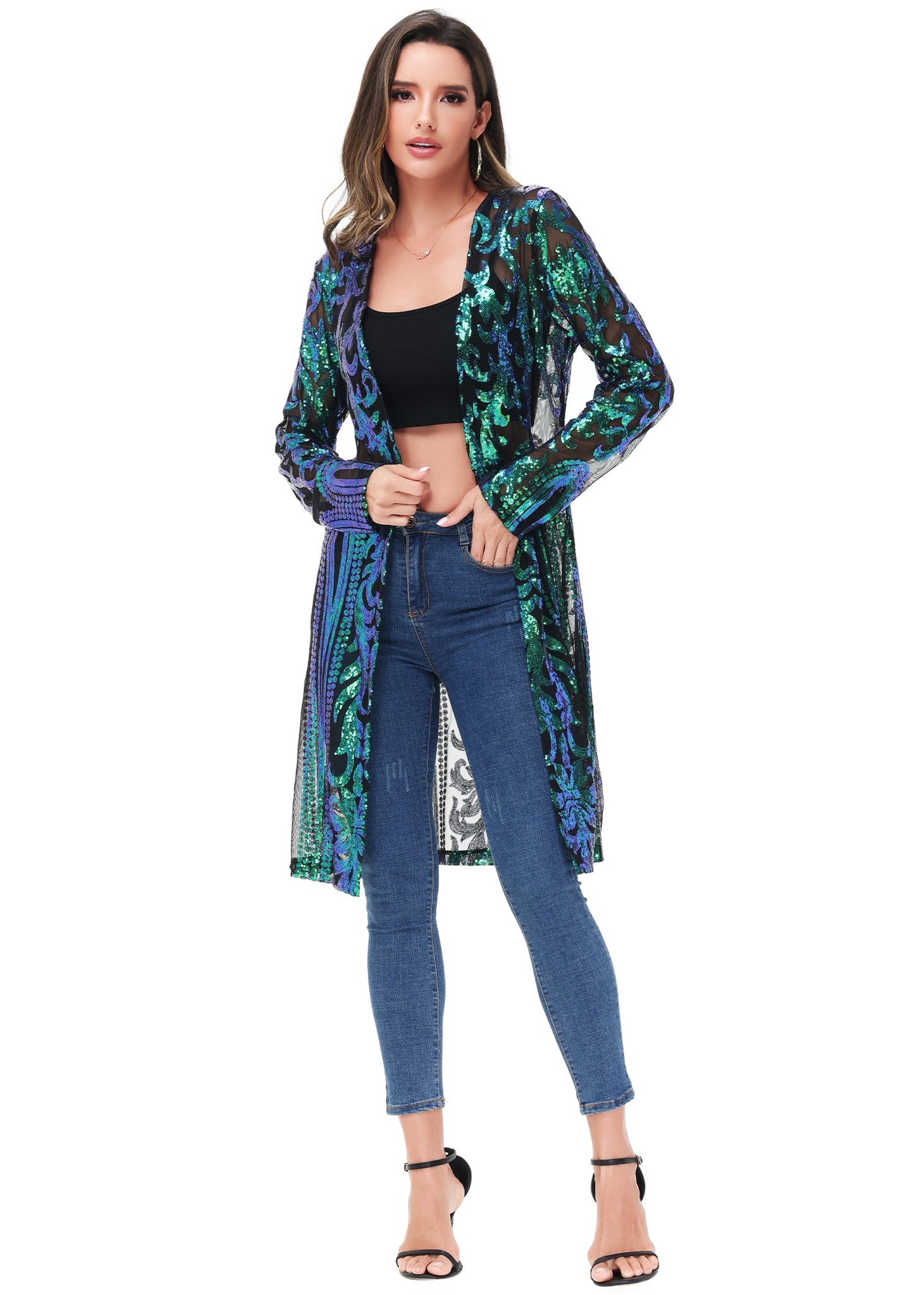 Anna-Kaci Women's Sparkly Sequin Cardigan Long Sleeve Open Front Glitter Kimono