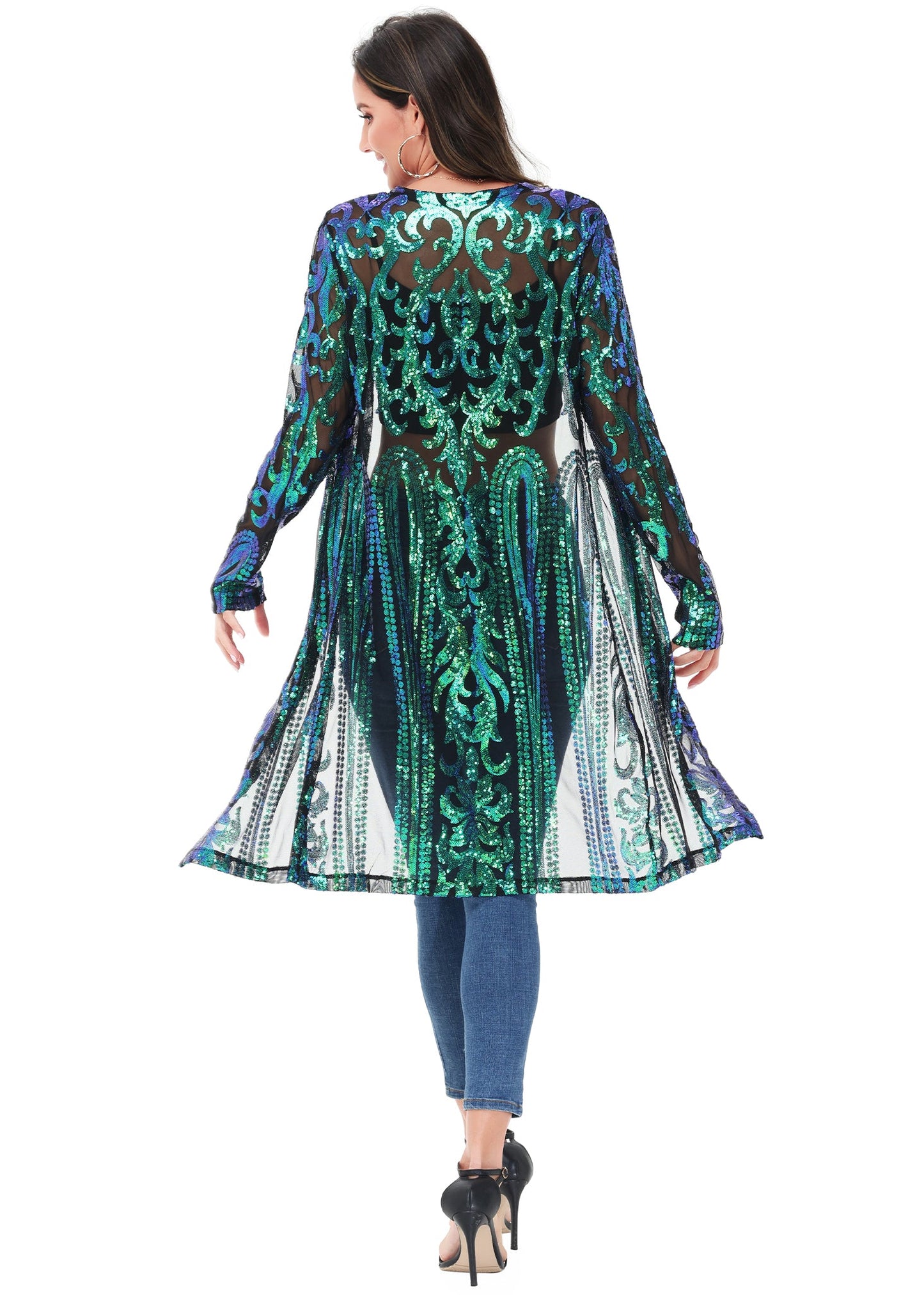 Anna-Kaci Women's Sparkly Sequin Cardigan Long Sleeve Open Front Glitter Kimono