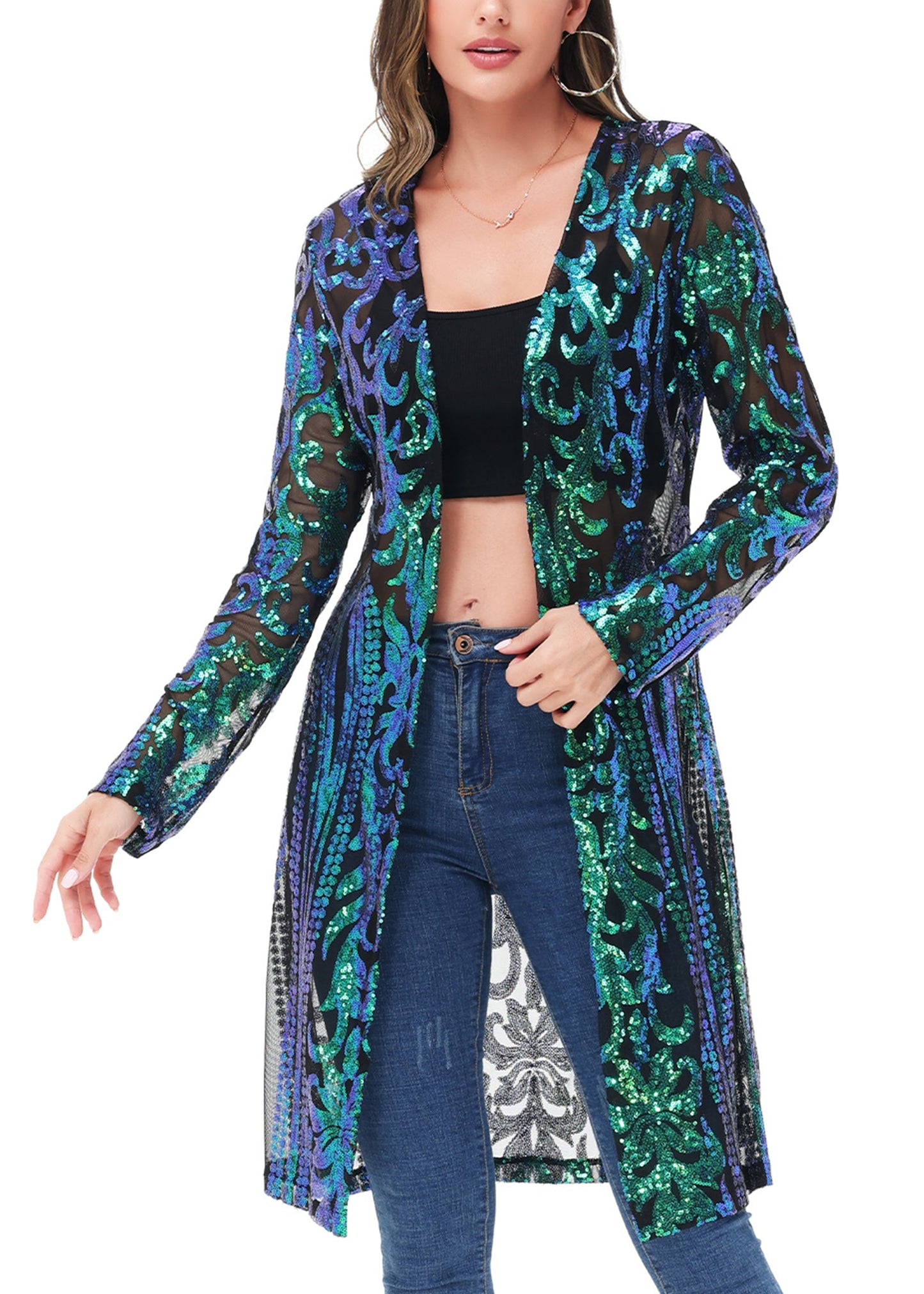 Anna-Kaci Women's Sparkly Sequin Cardigan Long Sleeve Open Front Glitter Kimono