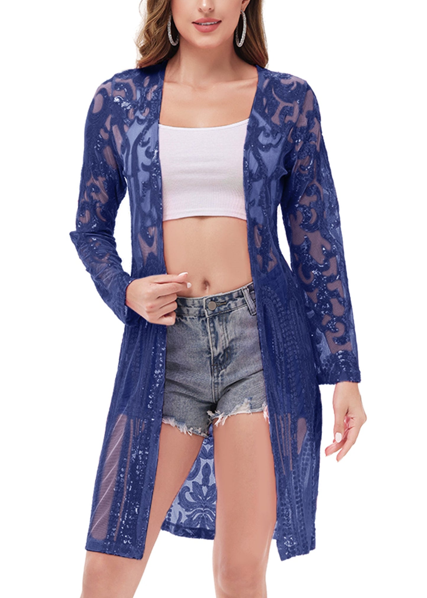 Anna-Kaci Women's Sparkly Sequin Cardigan Long Sleeve Open Front Glitter Kimono