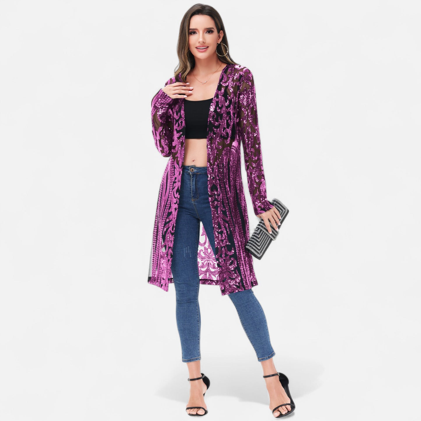 Long Sequin Cardigan Open Front Sheer Duster Jacket