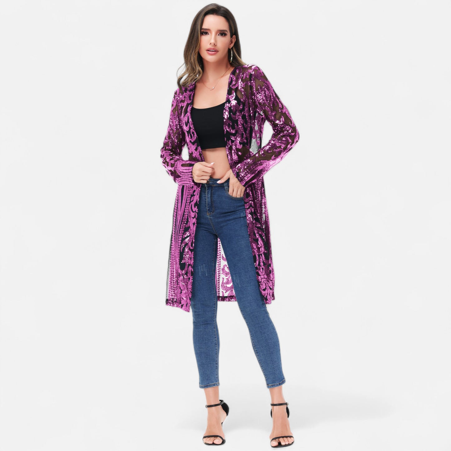 Long Sequin Cardigan Open Front Sheer Duster Jacket