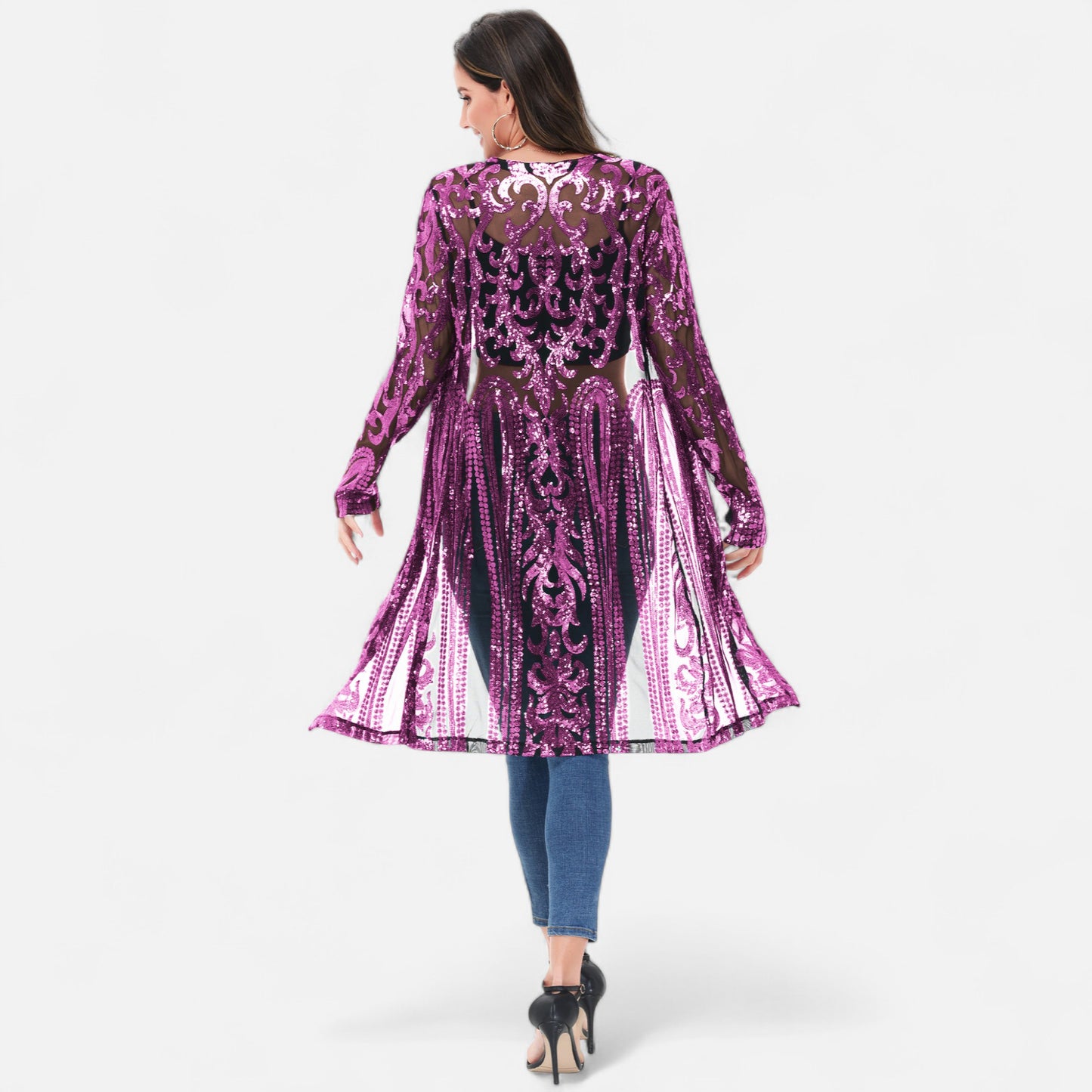 Long Sequin Cardigan Open Front Sheer Duster Jacket