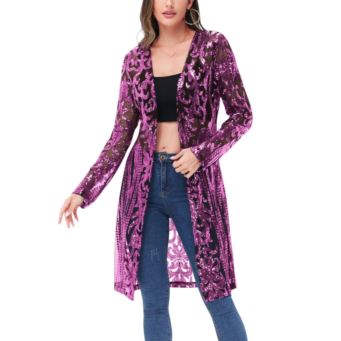 Long Sequin Cardigan Open Front Sheer Duster Jacket