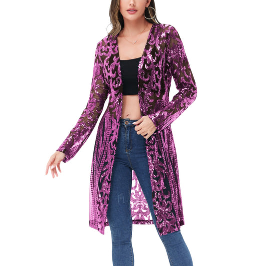 Long Sequin Cardigan Open Front Sheer Duster Jacket