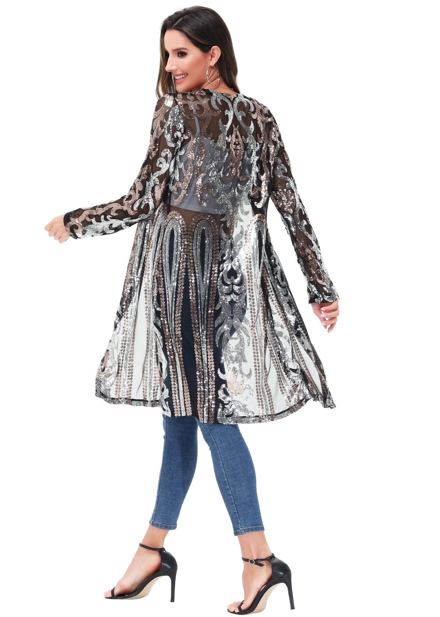 Anna-Kaci Women's Sparkly Sequin Cardigan Long Sleeve Open Front Glitter Kimono