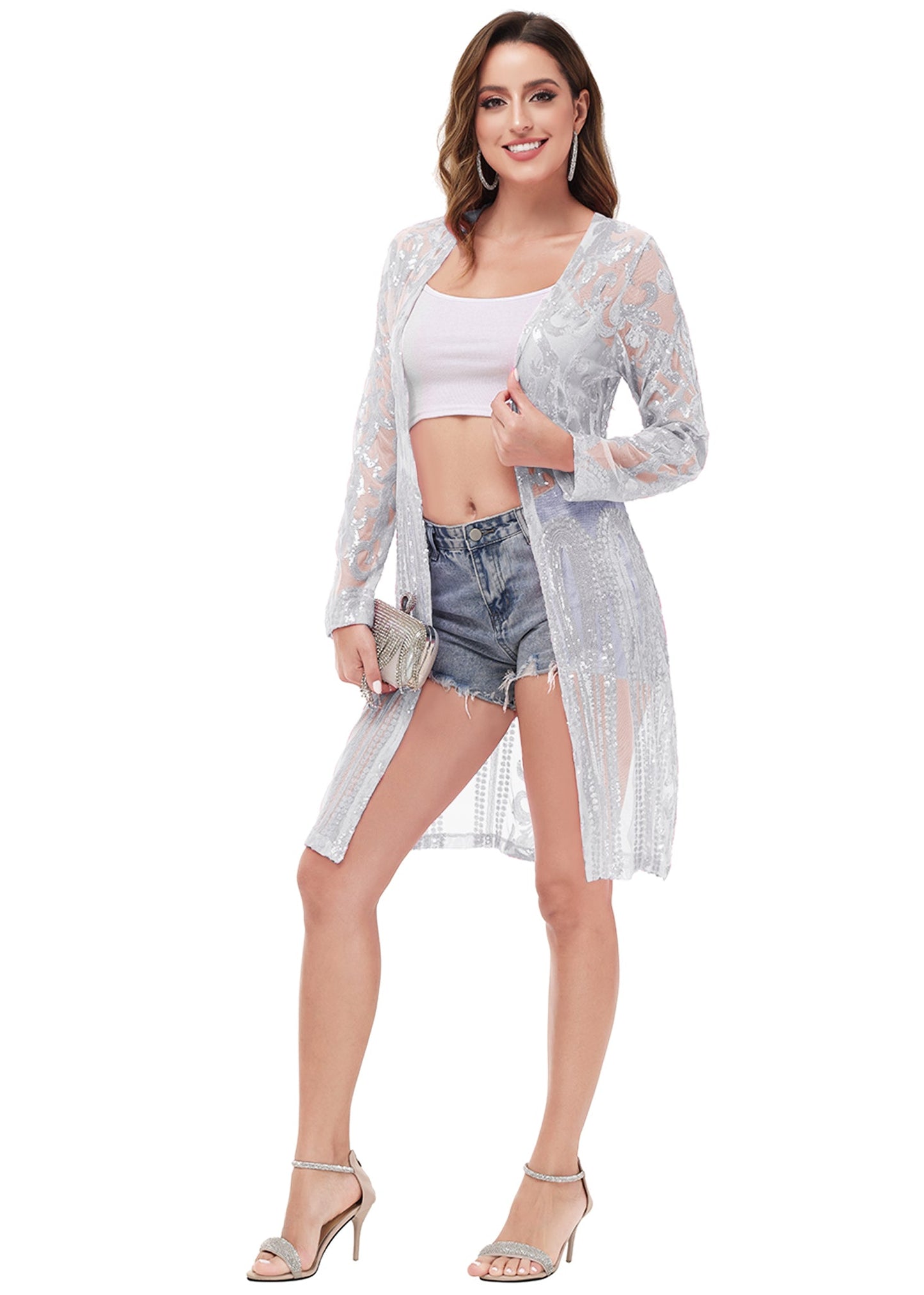 Anna-Kaci Women's Sparkly Sequin Cardigan Long Sleeve Open Front Glitter Kimono