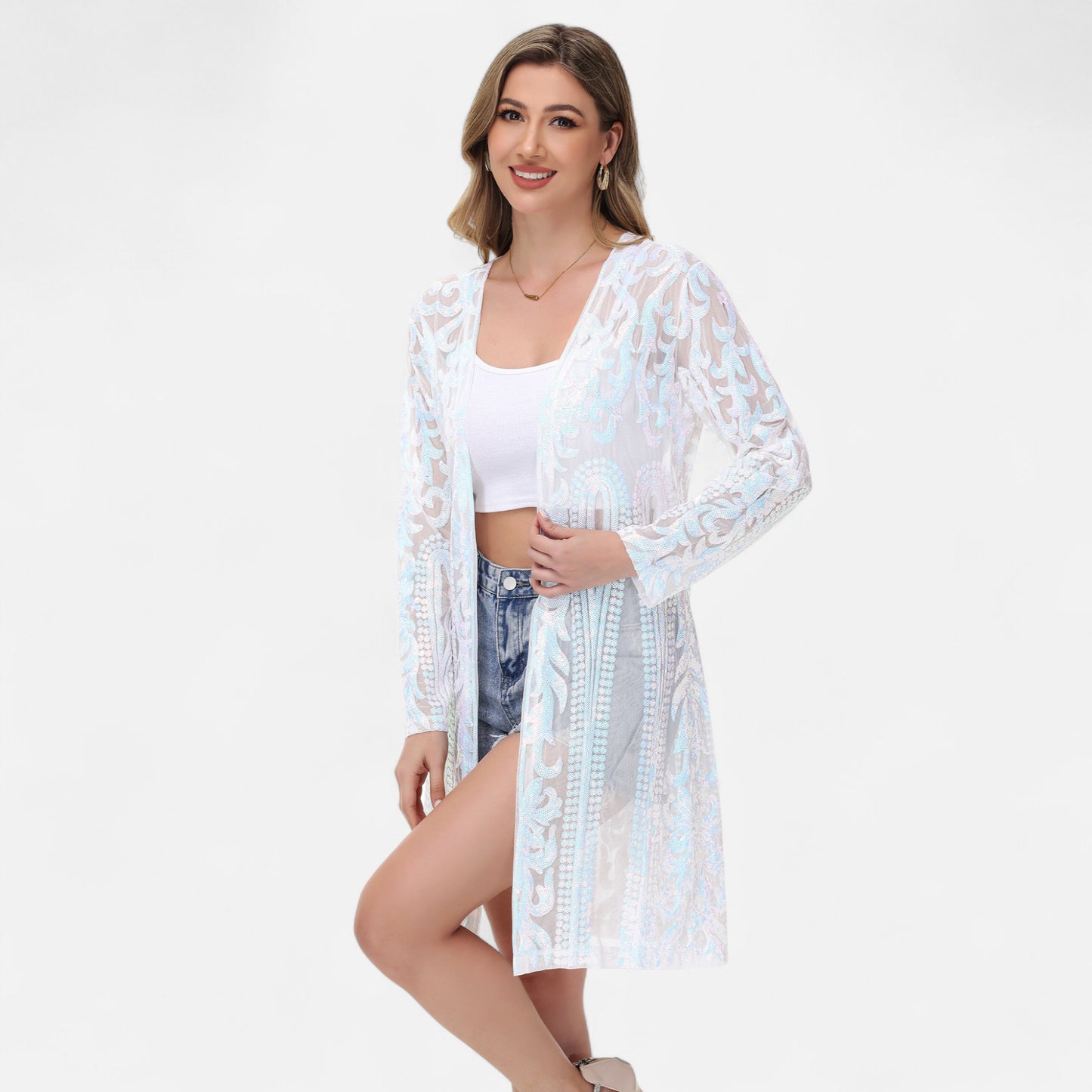 Long Sequin Cardigan Open Front Sheer Duster Jacket