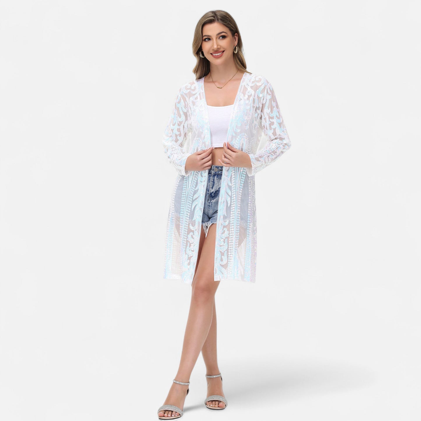 Long Sequin Cardigan Open Front Sheer Duster Jacket