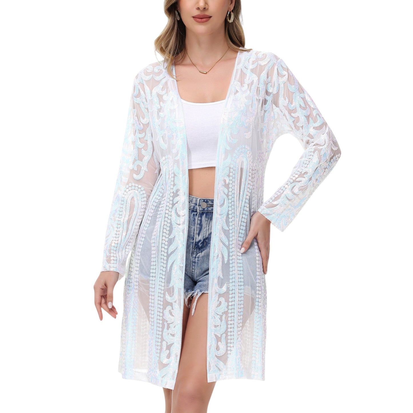 Long Sequin Cardigan Open Front Sheer Duster Jacket