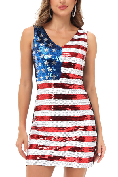 Anna-Kaci Women's American Flag Sequin Dress V-Neck Sleeveless USA Patriotic Striped Glitter Tank Mini Dress