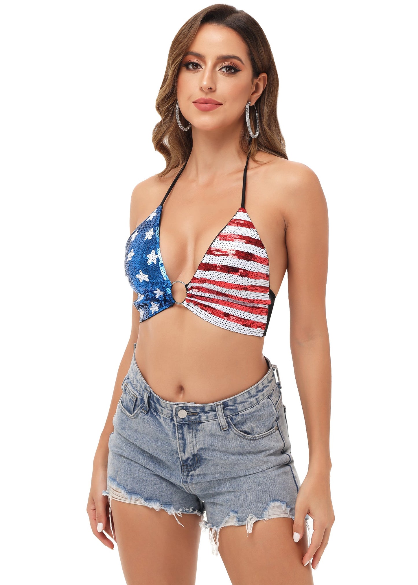 Anna-Kaci American Flag Sequin Shirt Women 4th of July Patriotic Shirt Stars Stripes Top Tees