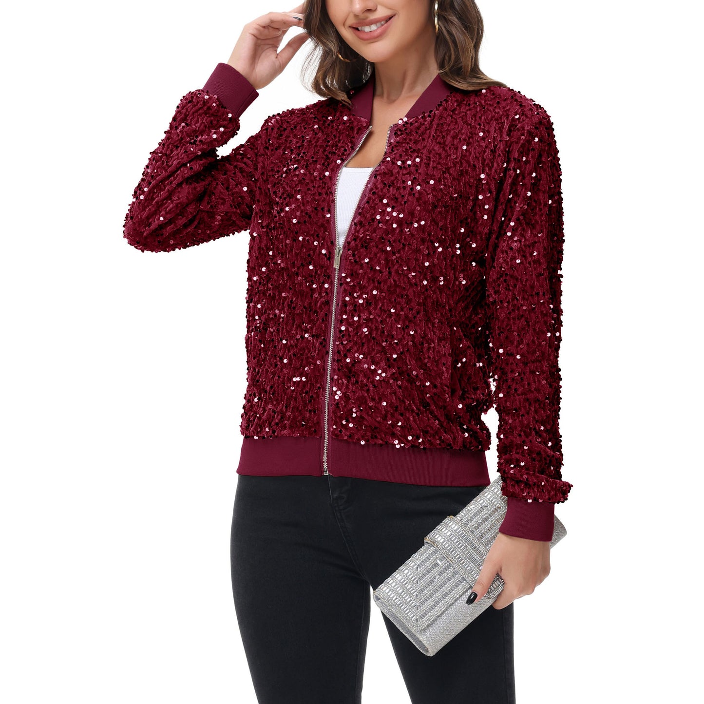 Sequin Bomber Jacket Zip Front Ribbed Cuffs and Hem Pockets