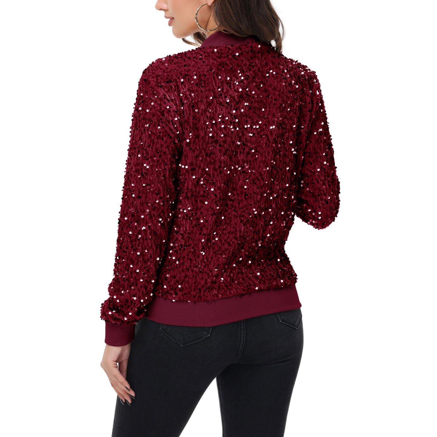 Sequin Bomber Jacket Zip Front Ribbed Cuffs and Hem Pockets
