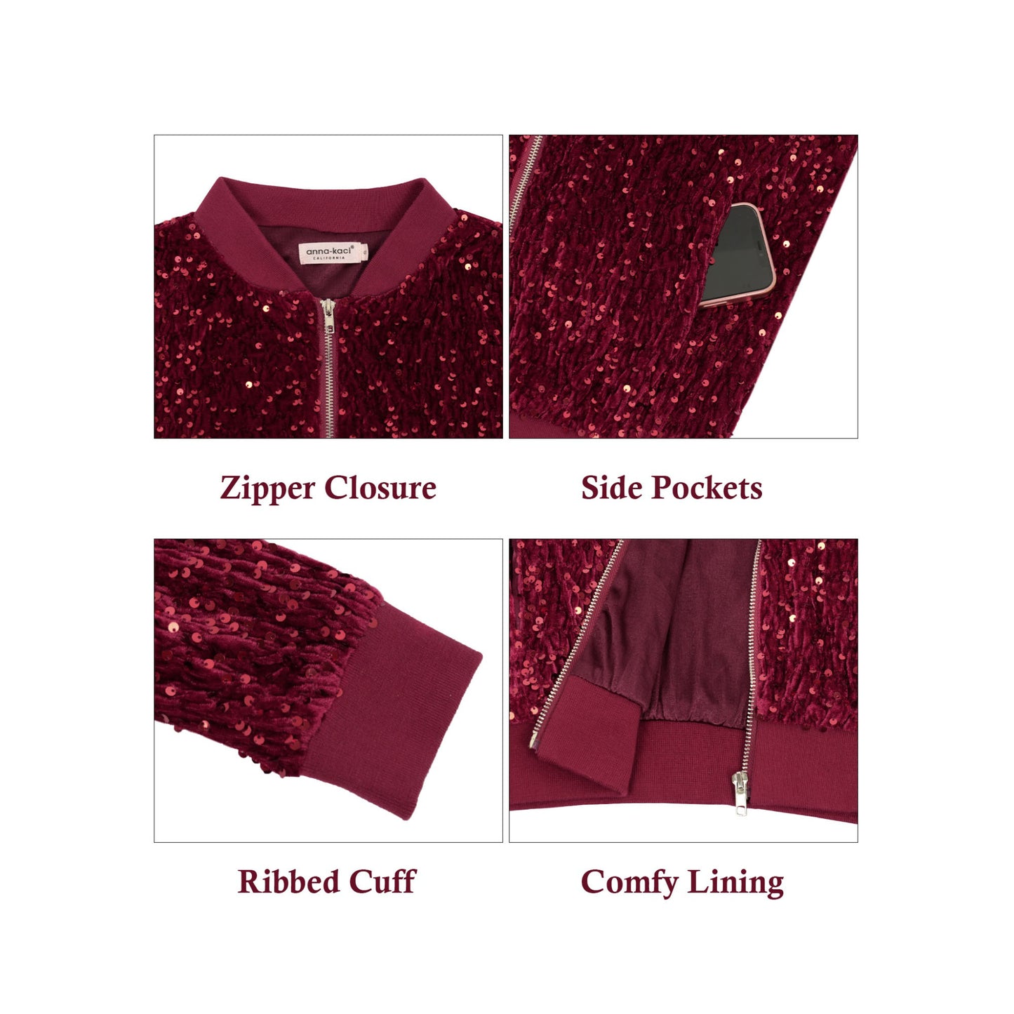 Sequin Bomber Jacket Zip Front Ribbed Cuffs and Hem Pockets