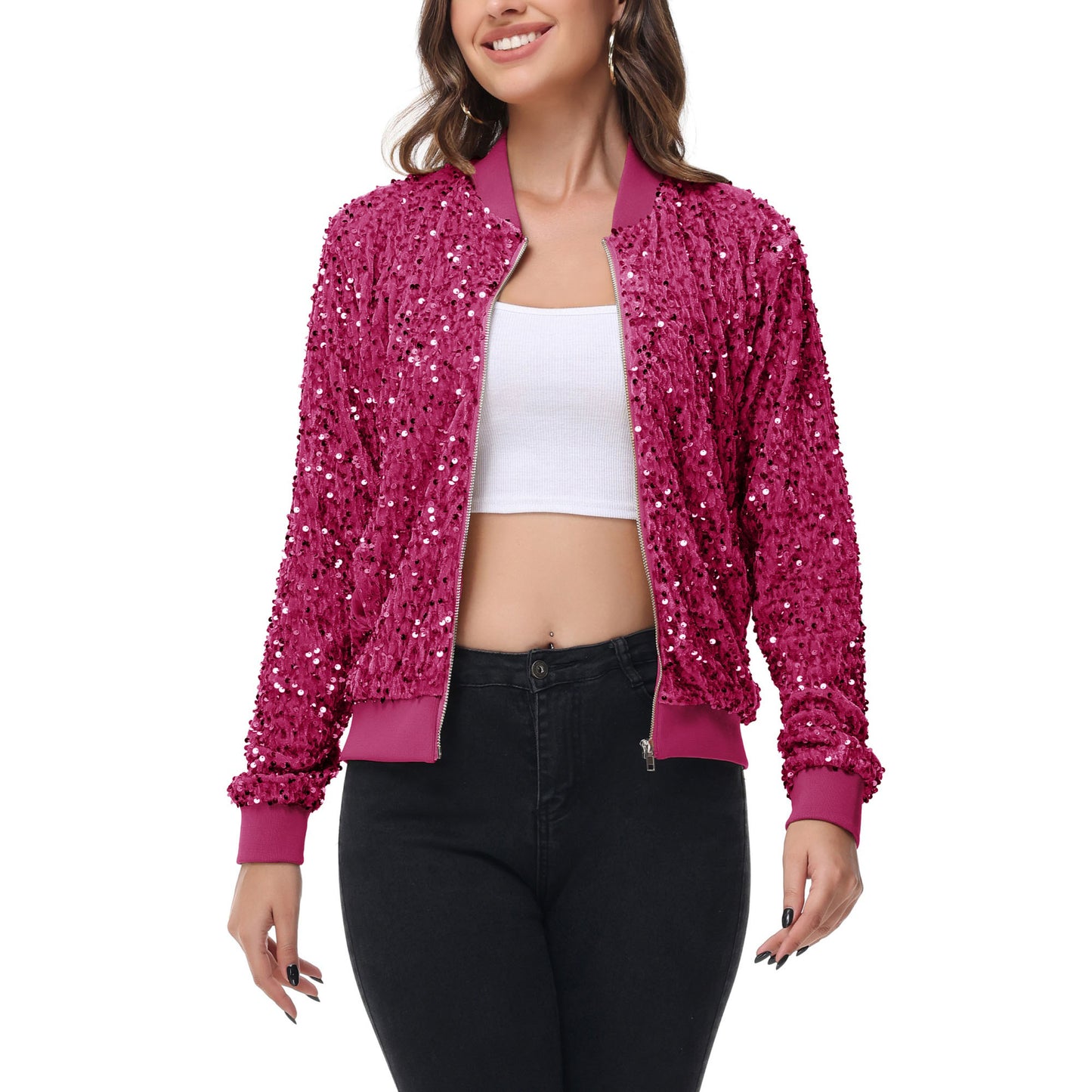 Sequin Bomber Jacket Zip Front Ribbed Cuffs and Hem Pockets