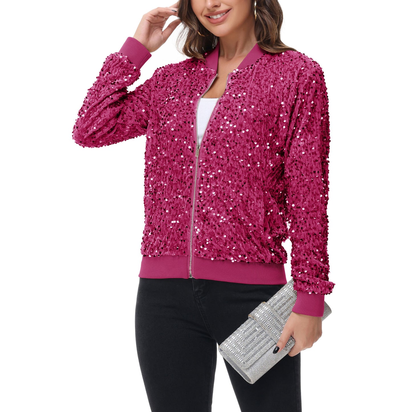 Sequin Bomber Jacket Zip Front Ribbed Cuffs and Hem Pockets