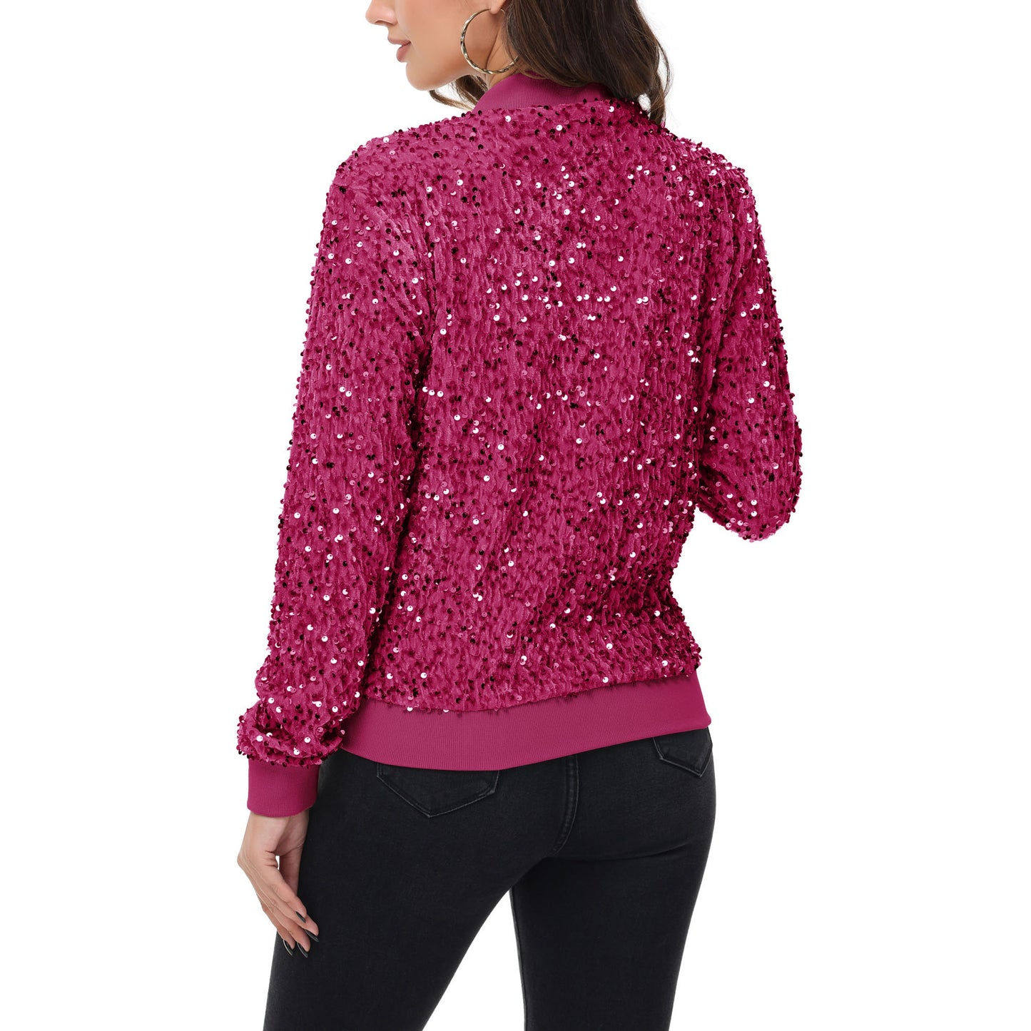 Sequin Bomber Jacket Zip Front Ribbed Cuffs and Hem Pockets