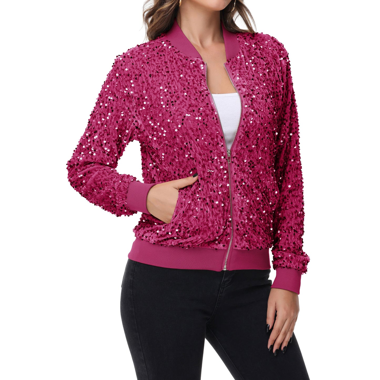 Sequin Bomber Jacket Zip Front Ribbed Cuffs and Hem Pockets