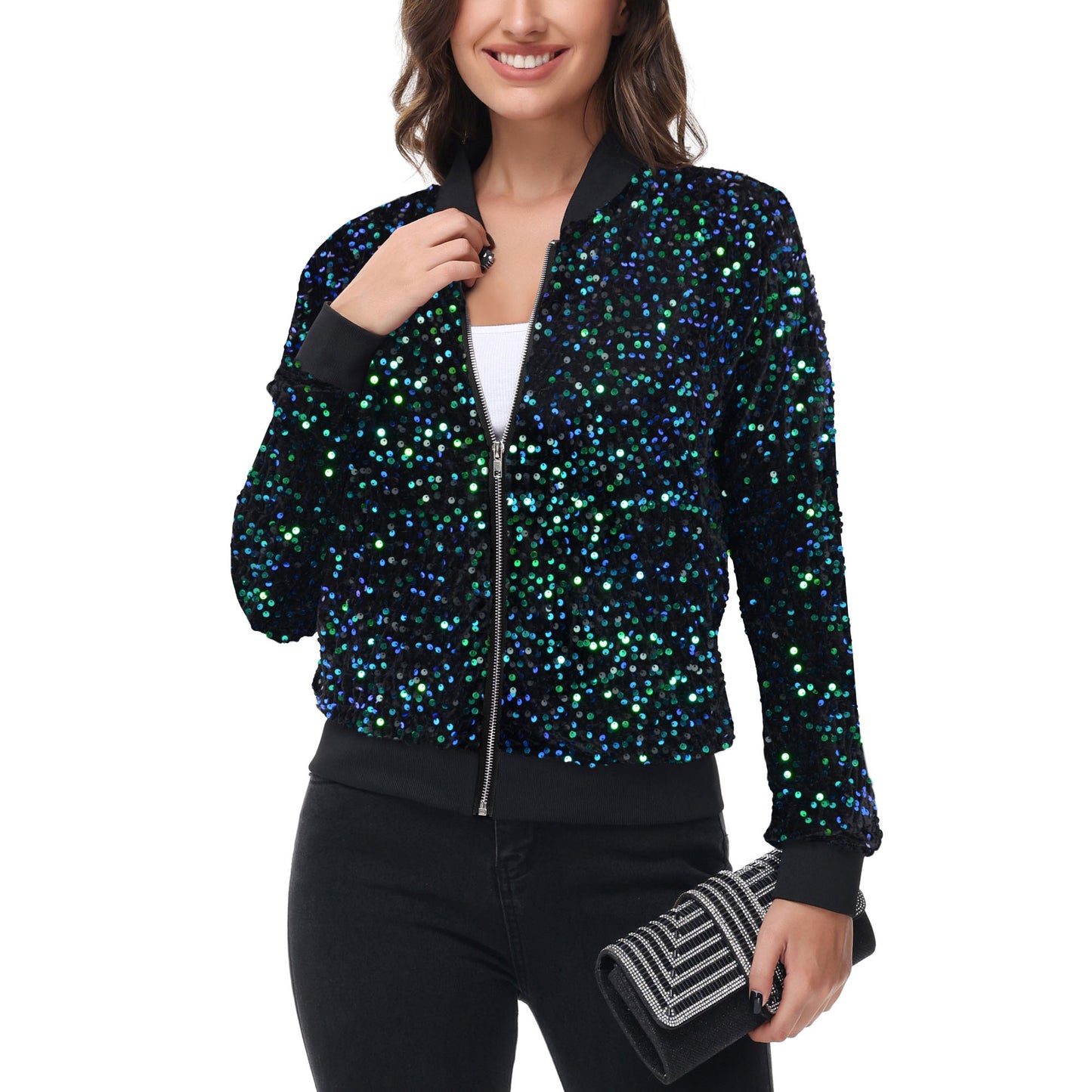 Sequin Bomber Jacket Zip Front Ribbed Cuffs and Hem Pockets