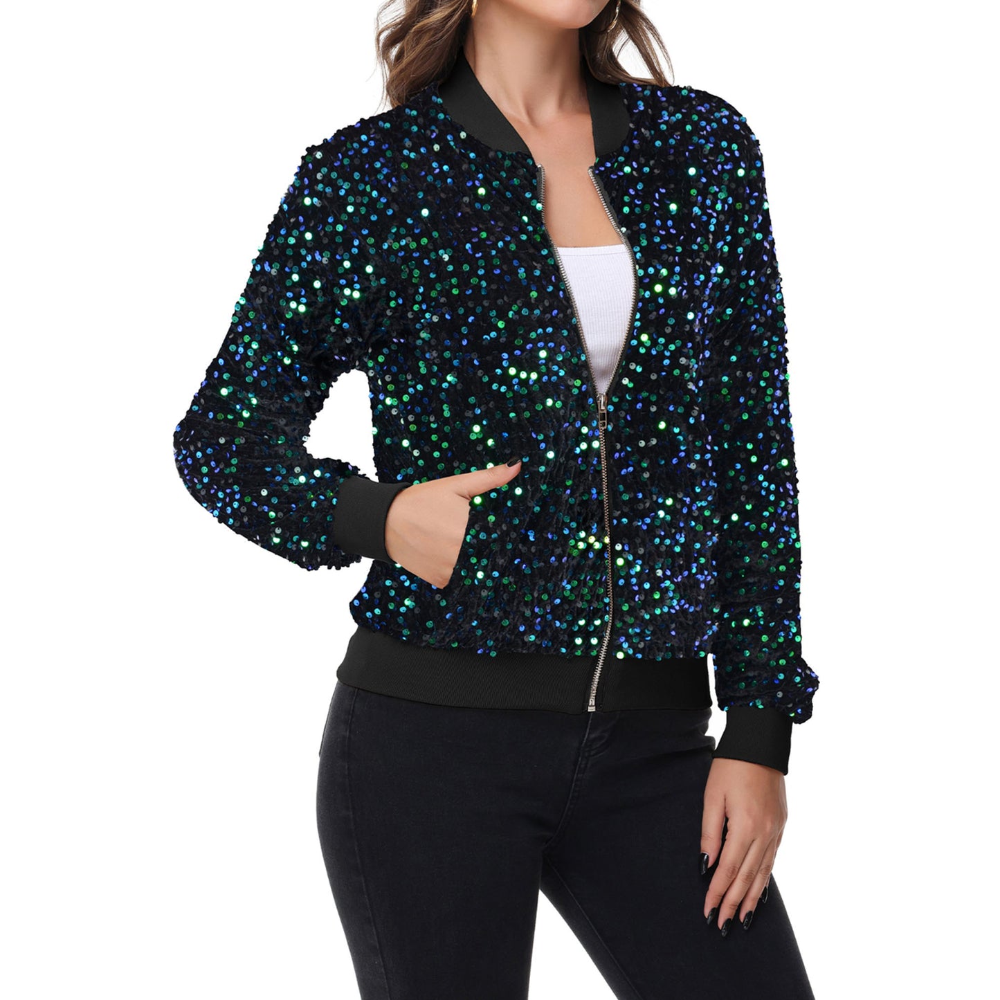 Sequin Bomber Jacket Zip Front Ribbed Cuffs and Hem Pockets