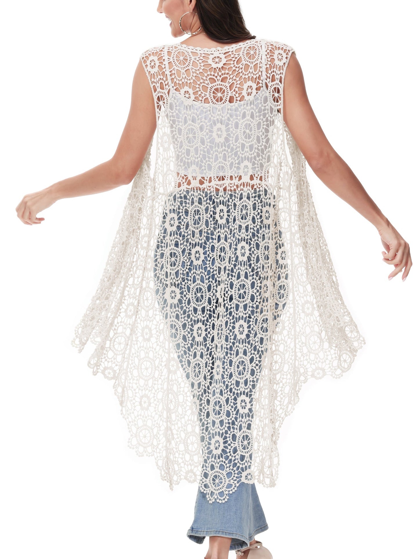 Anna-Kaci Boho Crochet Long Vest Top for Women Sleeveless Lace Cardigan Kimono Swimwear Cover Ups