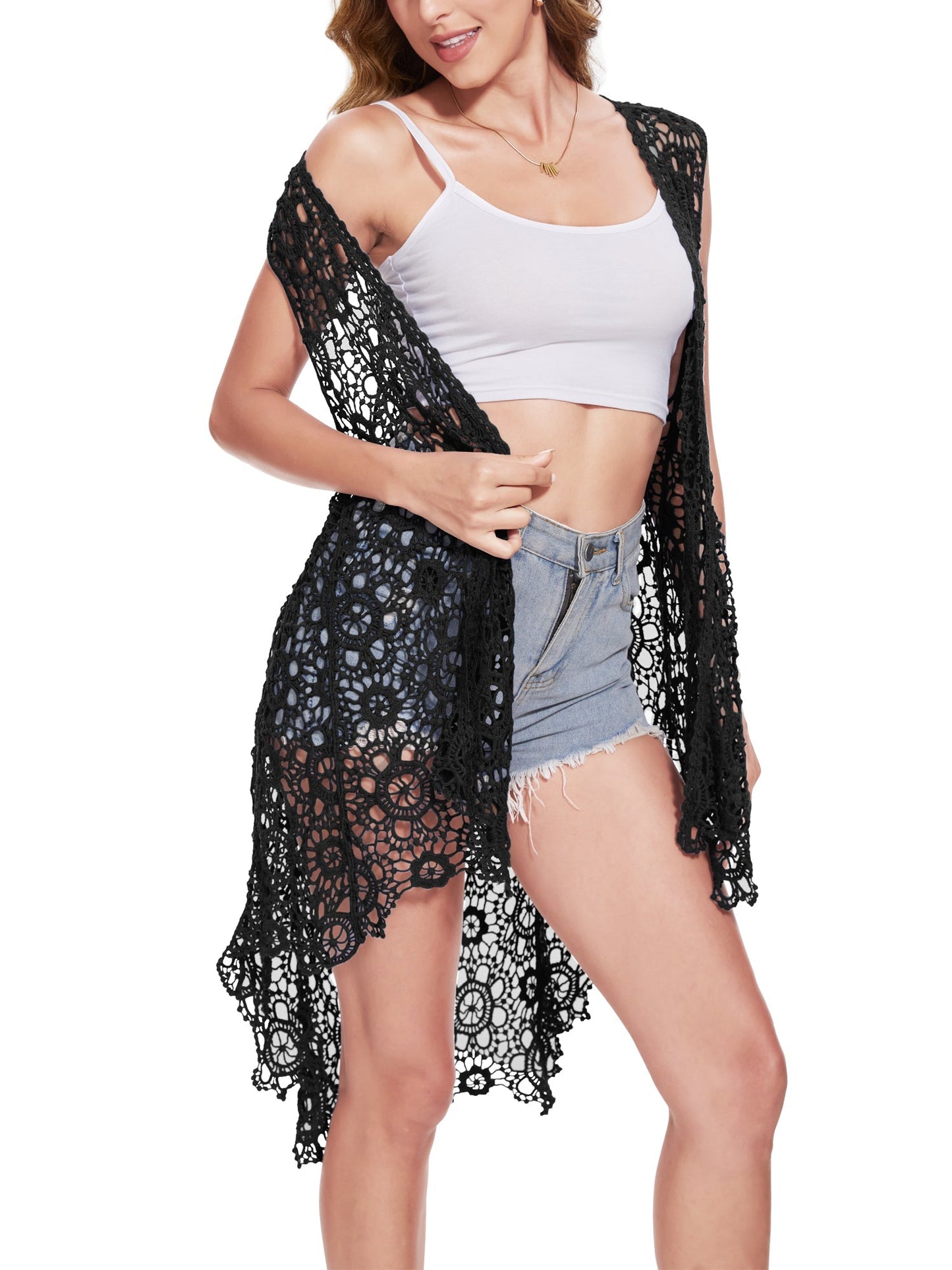 Anna-Kaci Boho Crochet Long Vest Top for Women Sleeveless Lace Cardigan Kimono Swimwear Cover Ups