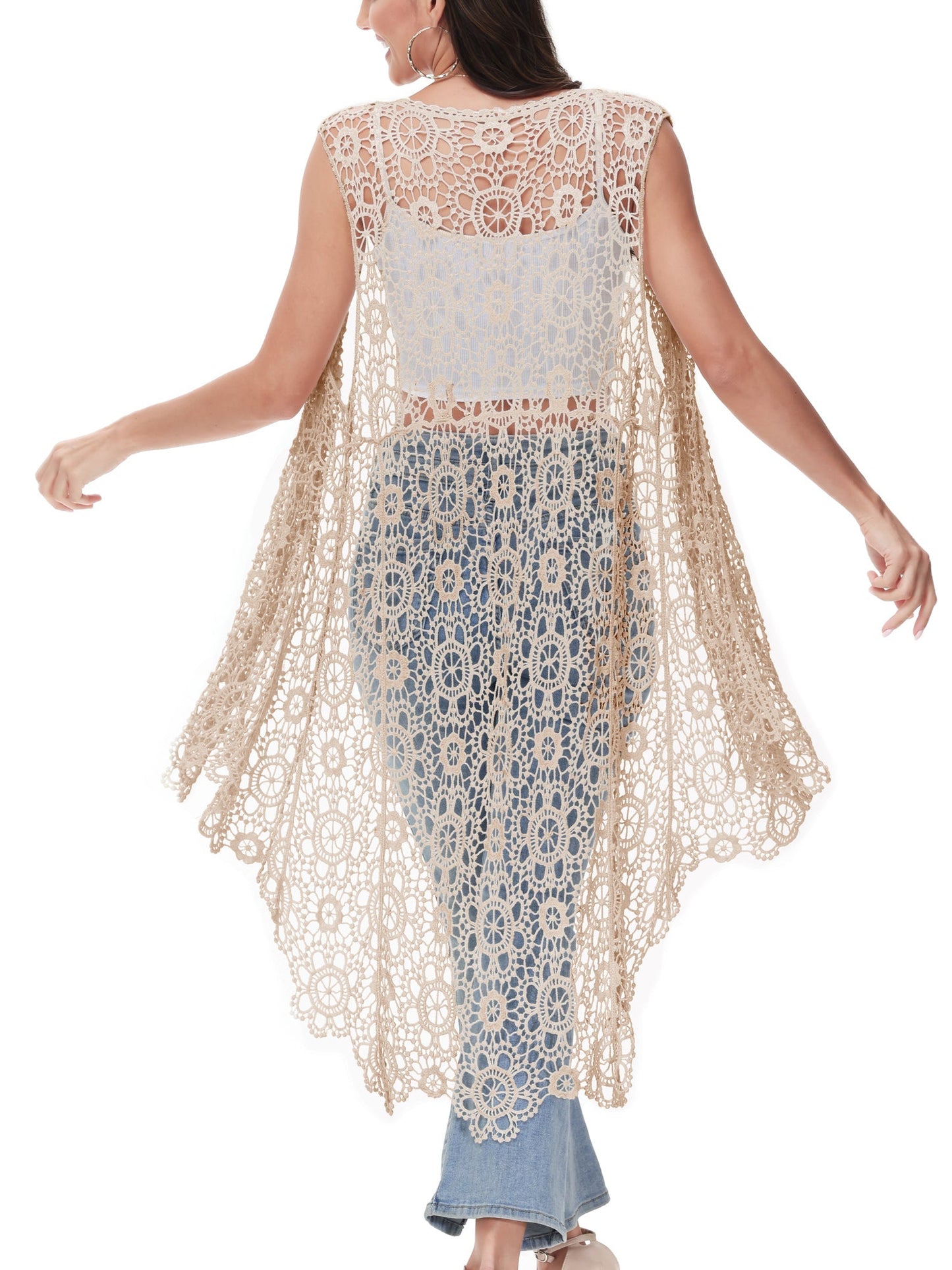 Anna-Kaci Boho Crochet Long Vest Top for Women Sleeveless Lace Cardigan Kimono Swimwear Cover Ups