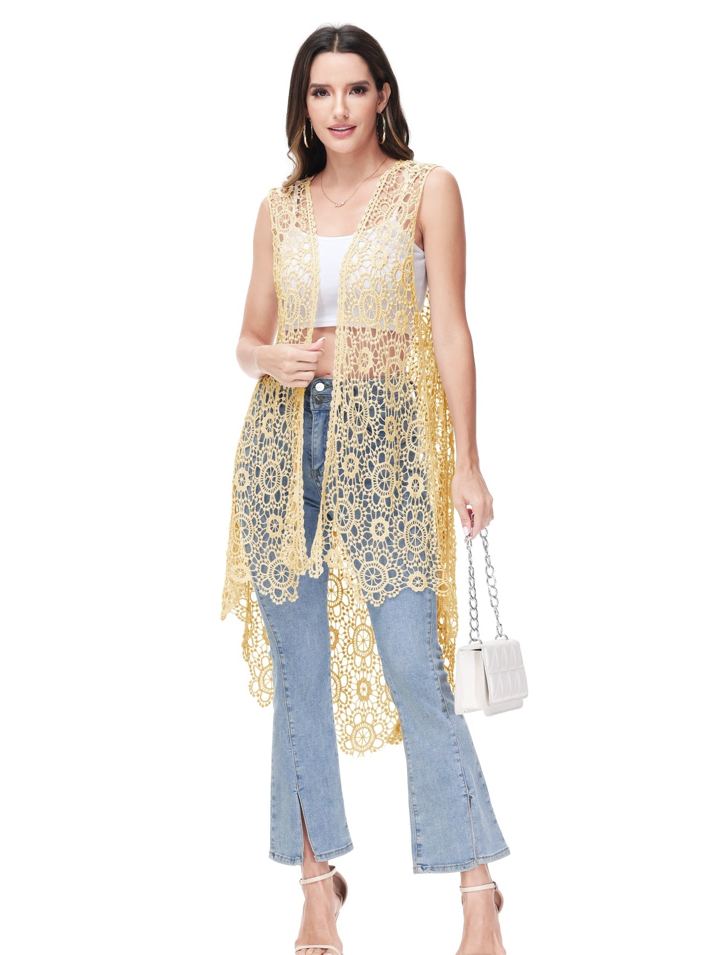 Anna-Kaci Boho Crochet Long Vest Top for Women Sleeveless Lace Cardigan Kimono Swimwear Cover Ups